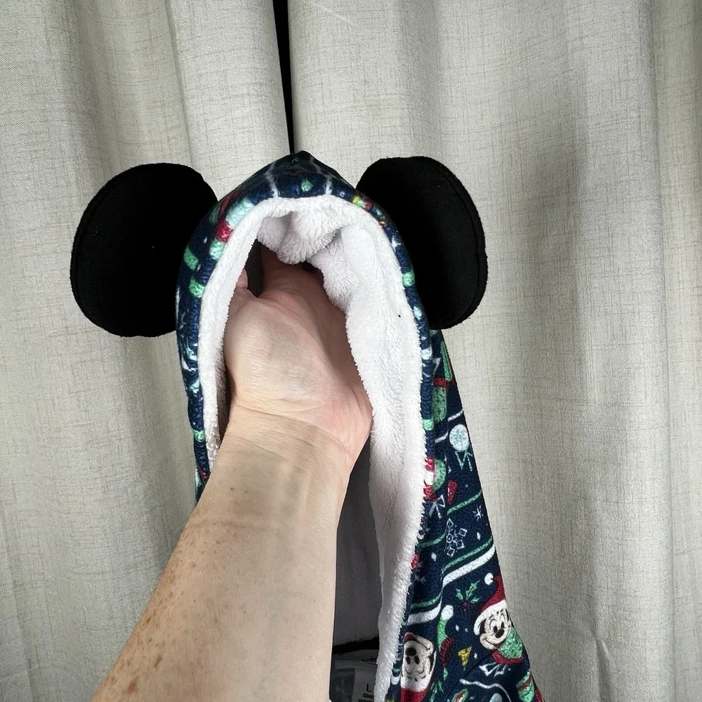 Disney‎ Parks Mickey Mouse Christmas One Piece Zip Pajamas Hood Ears Youth Large